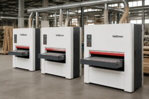 Three models of 1000mm, 1300mm and 1600mm wide belt sanders placed in a woodworking production workshop