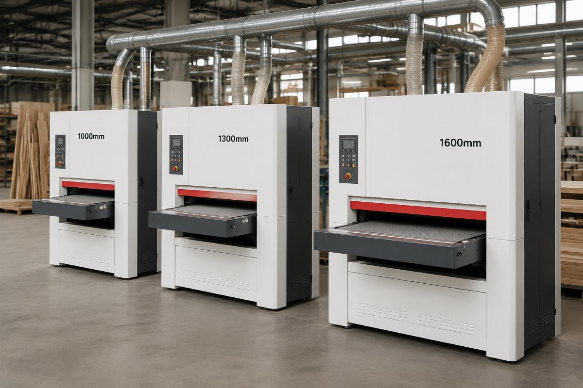 1000 1300 1600mm wide belt sanders for woodworking production Three models of 1000mm, 1300mm and 1600mm wide belt sanders placed in a woodworking production workshop