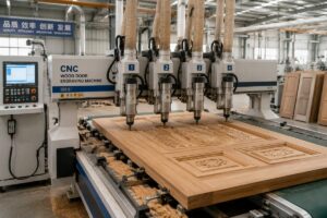 4-head CNC wood door engraving machine operating on a wood door production line