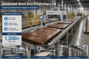 Automated wood door production line running finished door output on conveyor