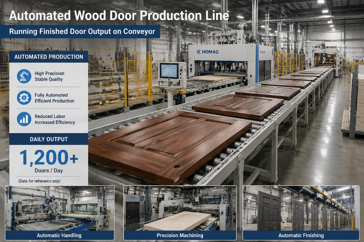 automated door production line daily output Automated wood door production line running finished door output on conveyor