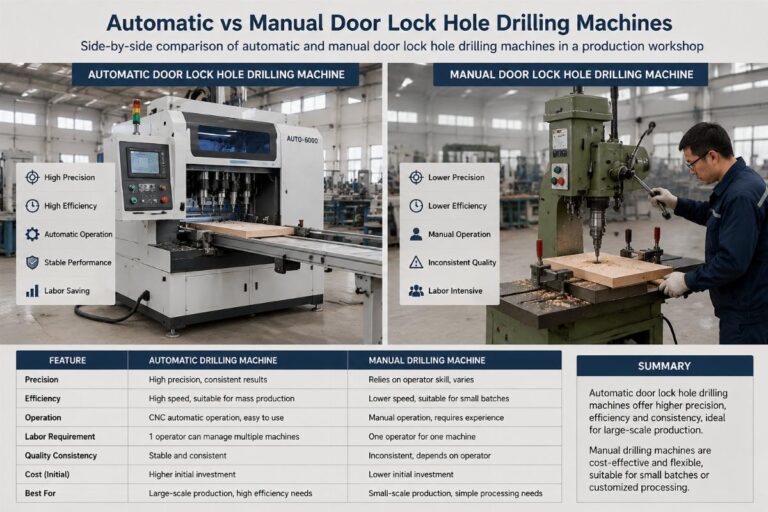 Side-by-side comparison of automatic and manual door lock hole drilling machines in a production workshop