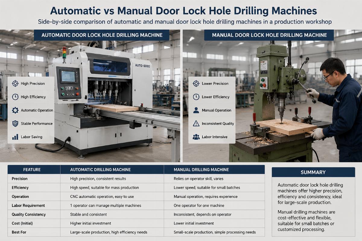 automatic and manual door lock hole drilling machine comparison Side-by-side comparison of automatic and manual door lock hole drilling machines in a production workshop
