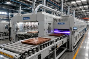 A fully automated automatic spray booth and UV curing wood door painting line running in a production facility