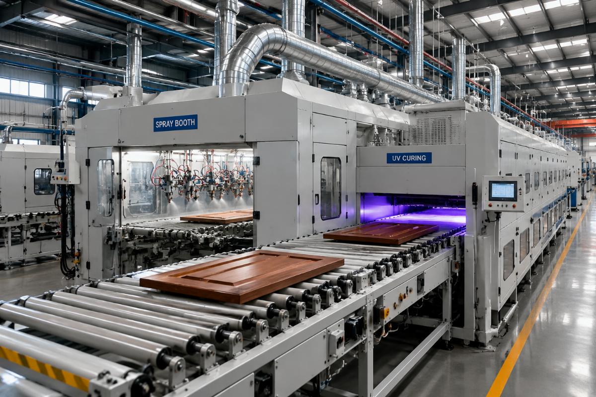 A fully automated automatic spray booth and UV curing wood door painting line running in a production facility