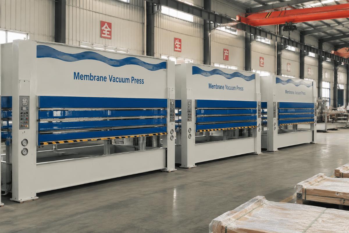 Batch of membrane presses ready for shipment to door manufacturers Three identical wood door membrane press vacuum presses lined up in a factory production hall