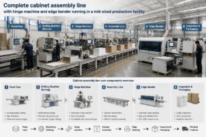 Complete cabinet assembly line with hinge machine and edge bander running in a mid-sized production facility