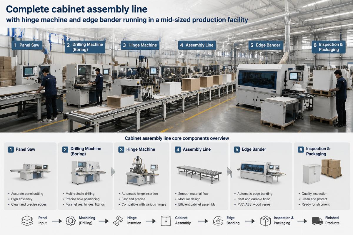 Cabinet assembly line core components overview Complete cabinet assembly line with hinge machine and edge bander running in a mid-sized production facility