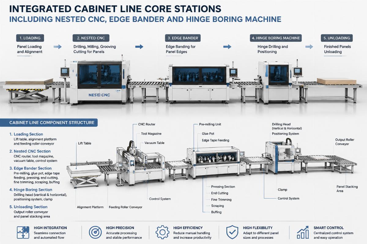 Cabinet line component structure Integrated cabinet line core stations including nested CNC, edge bander and hinge boring machine