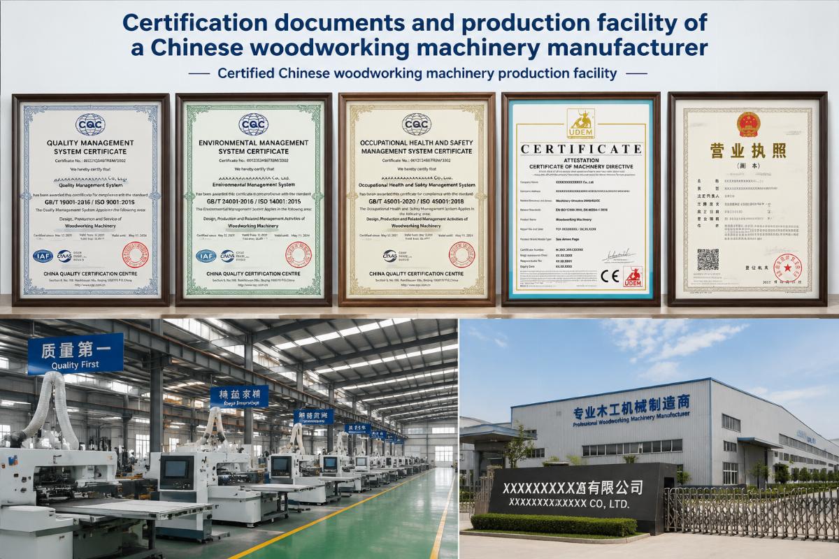 Certification documents and production facility of a Chinese woodworking machinery manufacturer