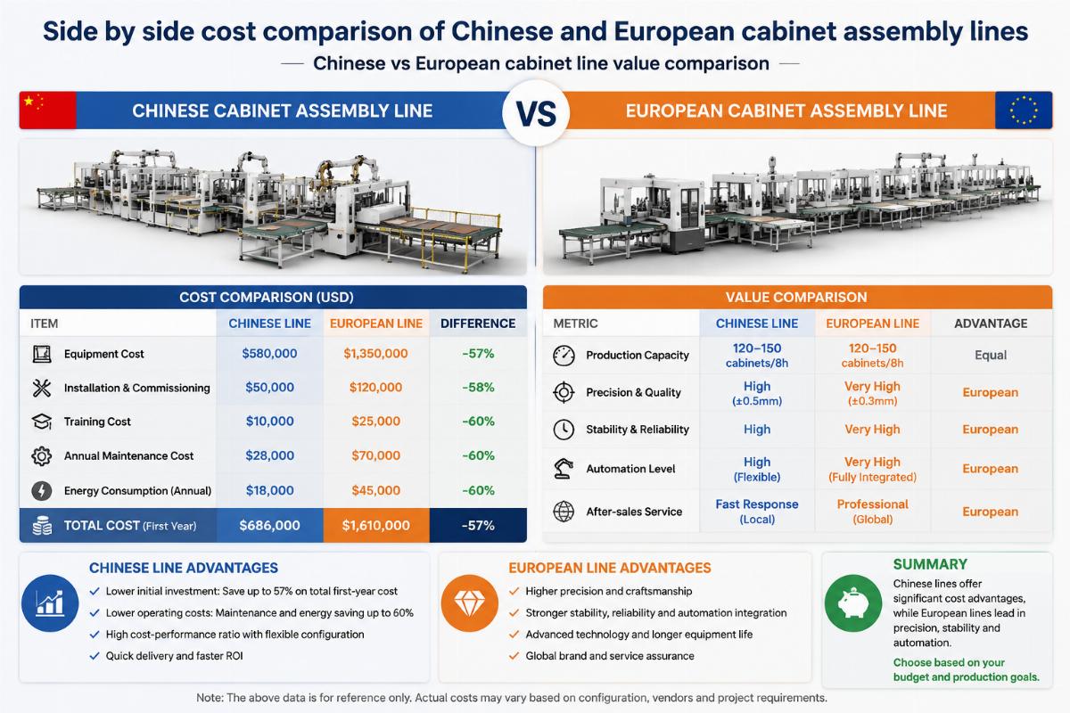Chinese vs European cabinet line value comparison Side by side cost comparison of Chinese and European cabinet assembly lines