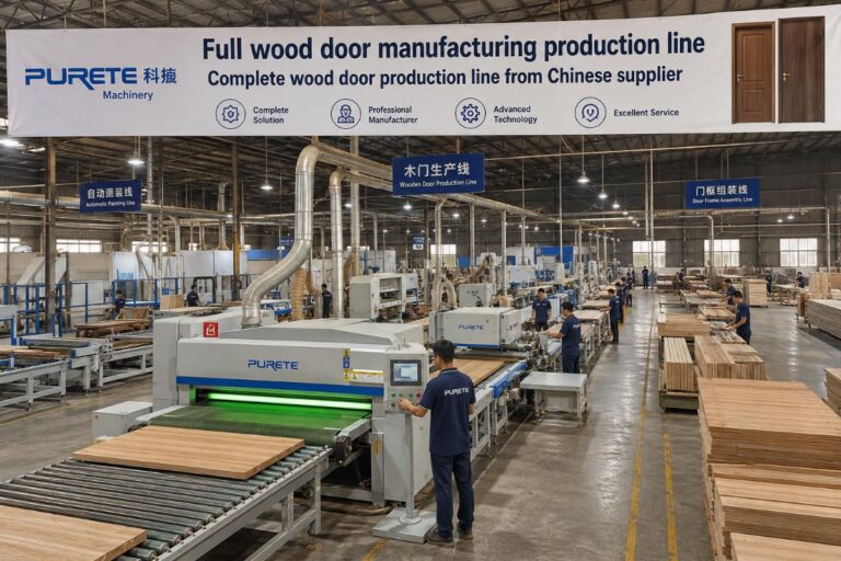 Full wood door manufacturing production line running in a Southeast Asian factory