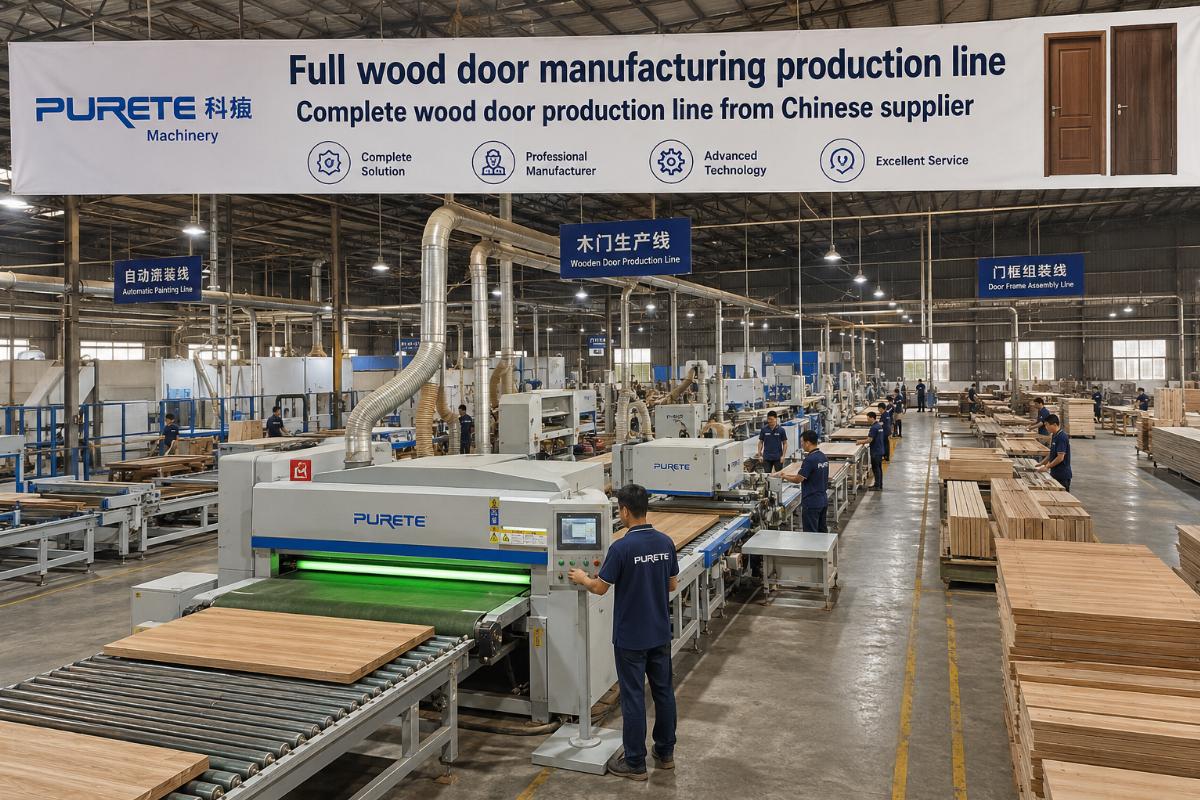 Complete wood door production line from Chinese supplier Full wood door manufacturing production line running in a Southeast Asian factory