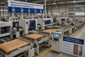 End-to-end tenoning, boring and engraving wood door production line running at a mid-sized factory