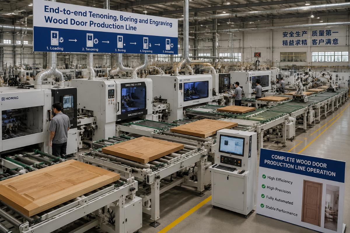 Complete wood door production line operation End-to-end tenoning, boring and engraving wood door production line running at a mid-sized factory