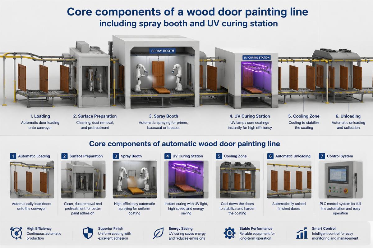 Core components of a wood door painting line including spray booth and UV curing station
