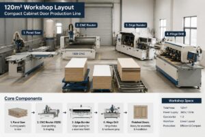 Compact cabinet door production line arranged in a 120 sqm workshop with standard 1325 CNC, edge bander and hinge drill units