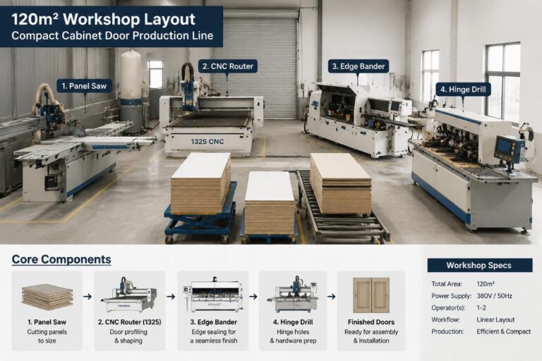 Compact cabinet door production line arranged in a 120 sqm workshop with standard 1325 CNC, edge bander and hinge drill units