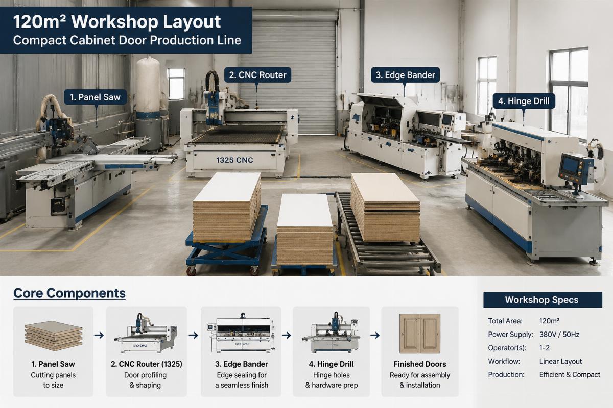 core components of compact cabinet door manufacturing line Compact cabinet door production line arranged in a 120 sqm workshop with standard 1325 CNC, edge bander and hinge drill units