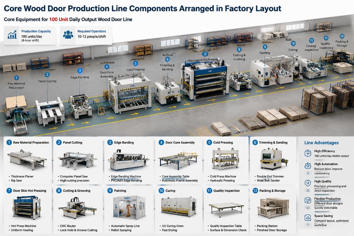 Core equipment for 100 unit daily output wood door line Core wood door production line components arranged in factory layout
