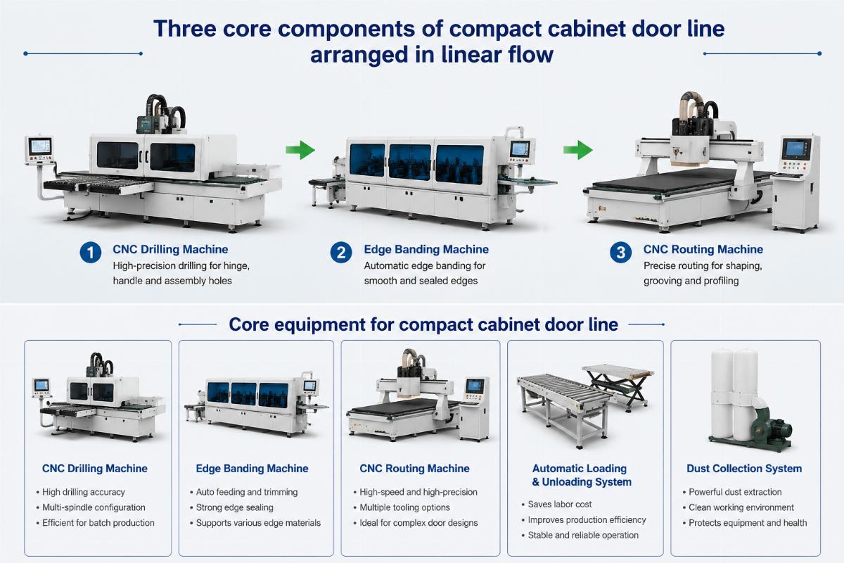 core equipment for compact cabinet door line Three core components of compact cabinet door line arranged in linear flow