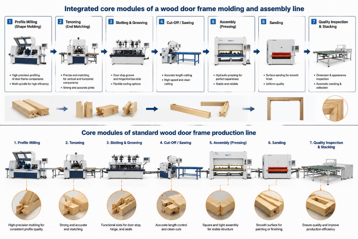 Core modules of standard wood door frame production line Integrated core modules of a wood door frame molding and assembly line