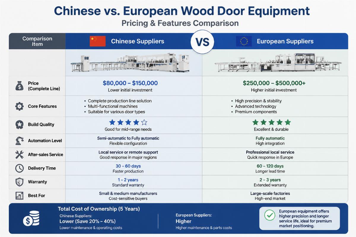 Cost comparison between Chinese and European wood door production line suppliers Side by side comparison of Chinese and European wood door equipment pricing and features