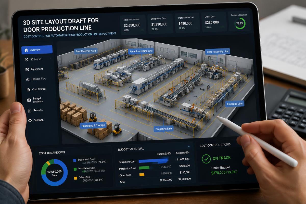 cost control for automated door production line deployment 3D site layout draft for door production line displayed on a tablet