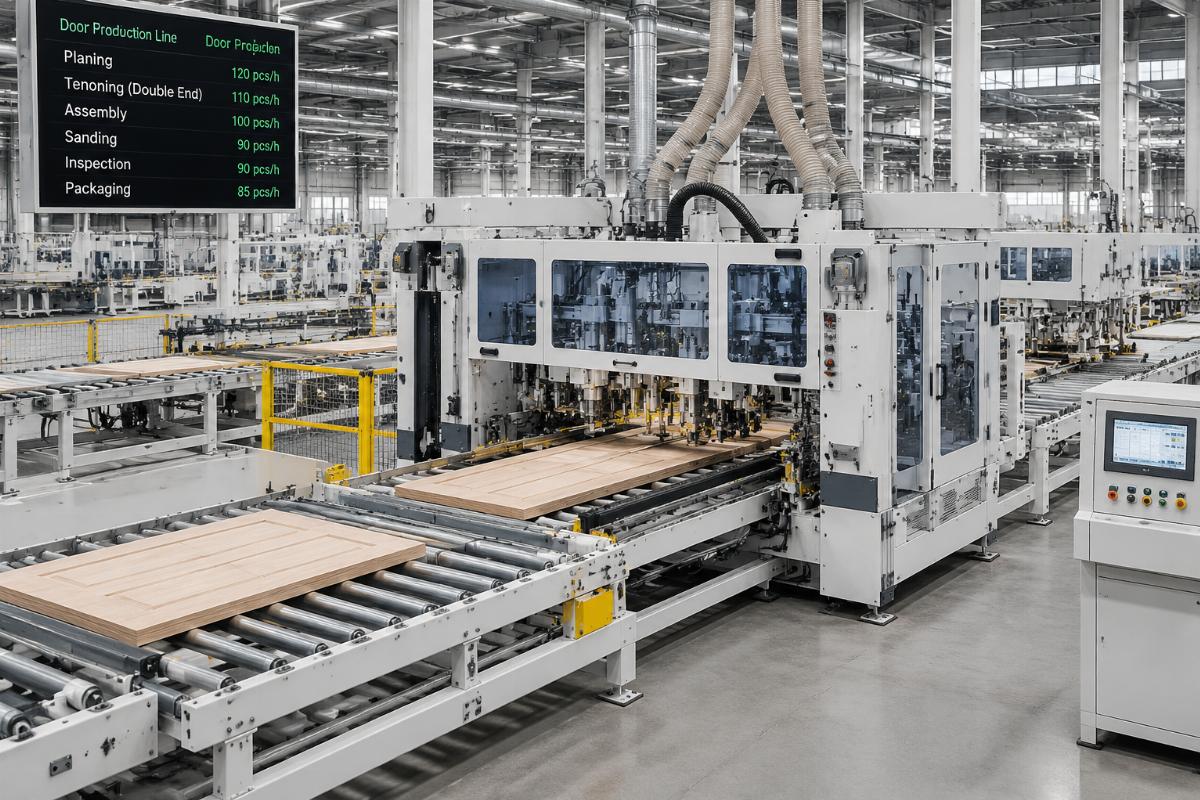 double end tenoning machine for high volume production Double end tenoning machine integrated into a full automated door production line