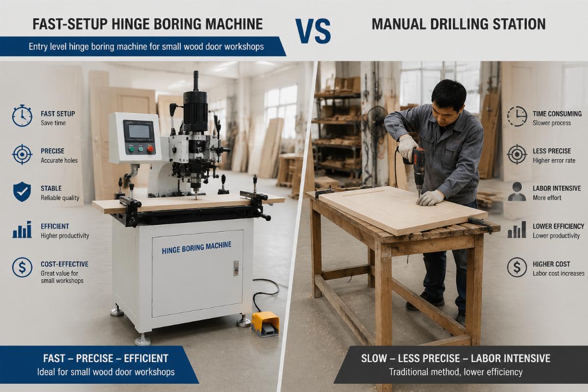 entry level hinge boring machine for small wood door workshops Side by side comparison of fast-setup hinge boring machine and manual drilling station on a production floor