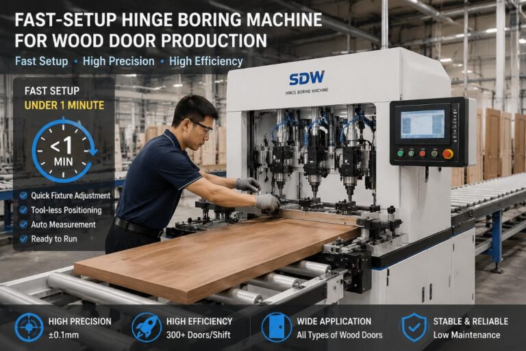 A fast-setup hinge boring machine running on a wood door production line, with an operator adjusting fixtures in under 1 minute