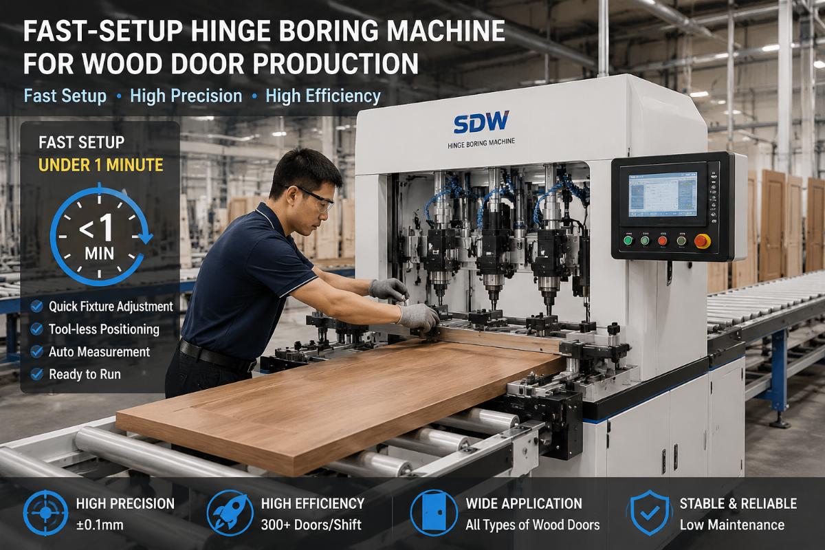 fast setup hinge boring machine for wood door production A fast-setup hinge boring machine running on a wood door production line, with an operator adjusting fixtures in under 1 minute