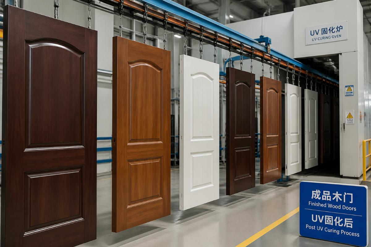 Finished solid wood and composite doors coming off an automated painting line