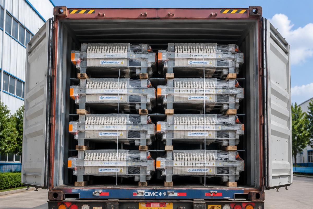 Full container of membrane presses prepared for export A full container of membrane presses ready for international shipment