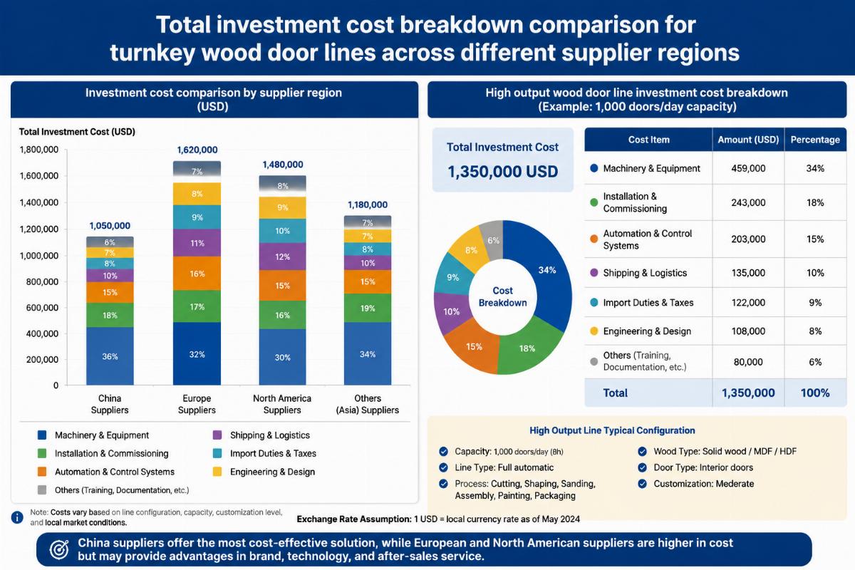 High output wood door line investment cost breakdown Total investment cost breakdown comparison for turnkey wood door lines across different supplier regions