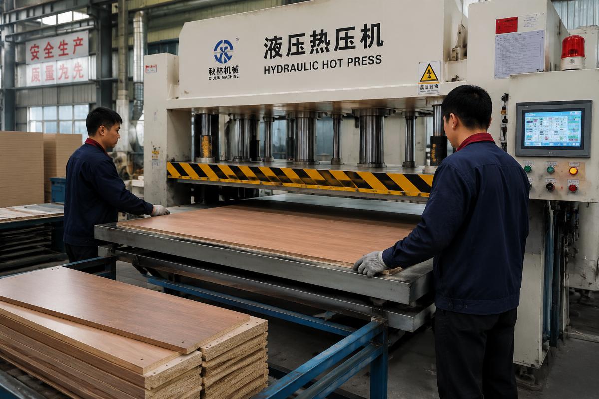 Hydraulic hot press operation for veneer lamination Workers operating a hydraulic hot press to laminate veneer on panel furniture components