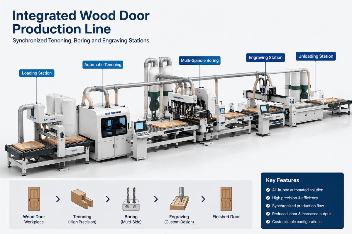 Integrated wood door production line components Integrated wood door production line with synchronized tenoning, boring and engraving stations