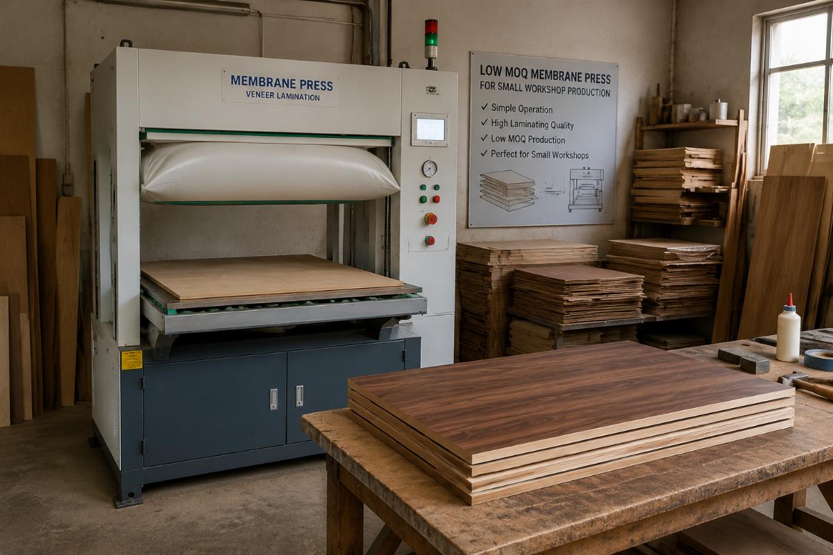 Low MOQ membrane press for small workshop production A small woodworking workshop using a single membrane press for veneer lamination production