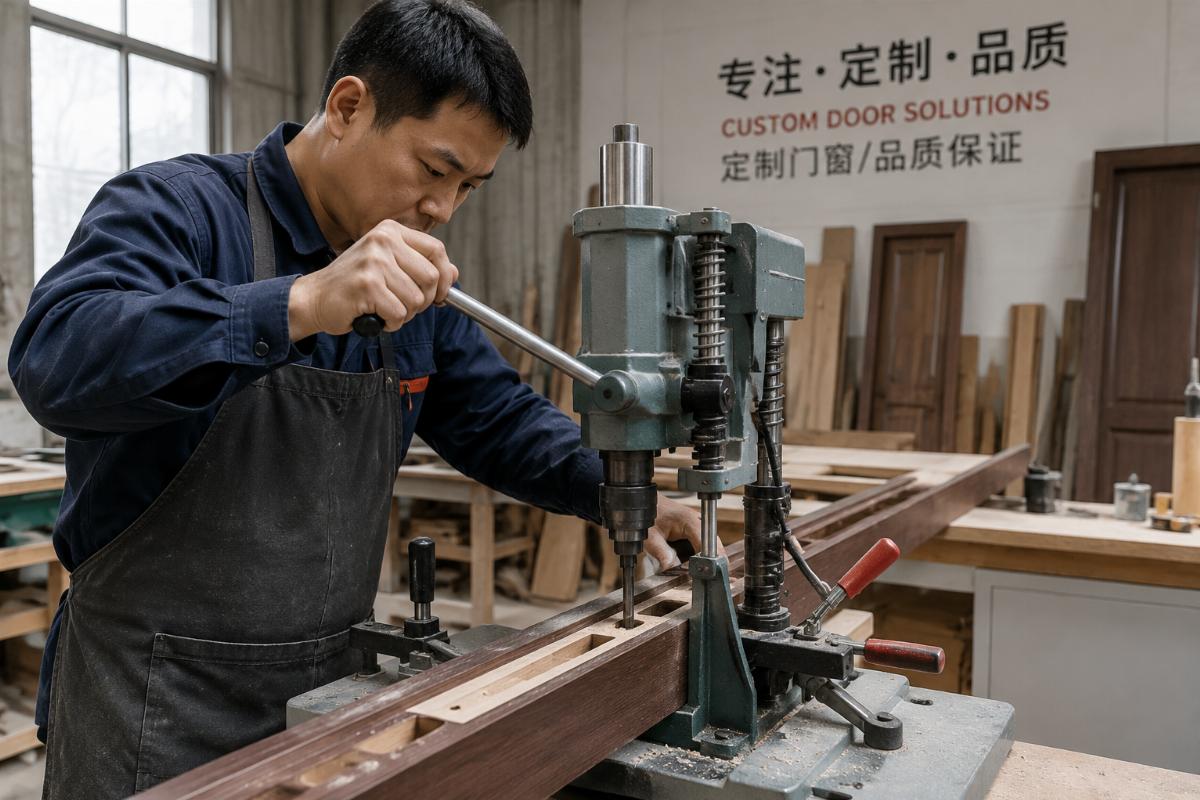 manual lock hole drilling machine operation for custom workshops Operator using a manual door lock hole drilling machine for custom door frame processing