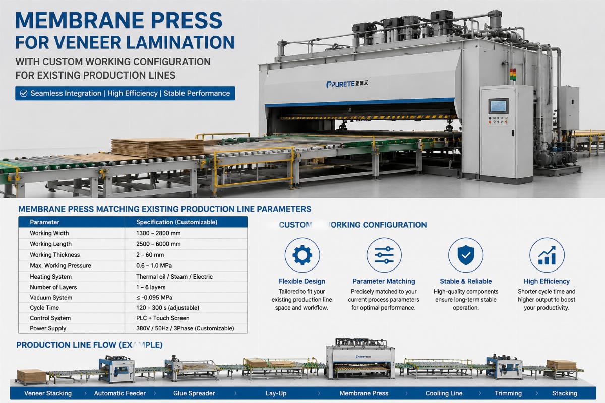 Membrane press matching existing production line parameters Membrane press for veneer lamination with custom working configuration for existing production lines