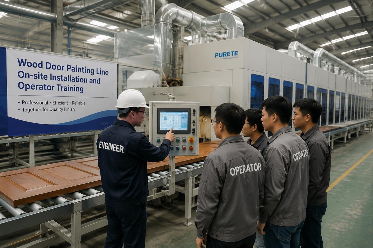 Engineers conducting on-site installation and operator training for a wood door painting line
