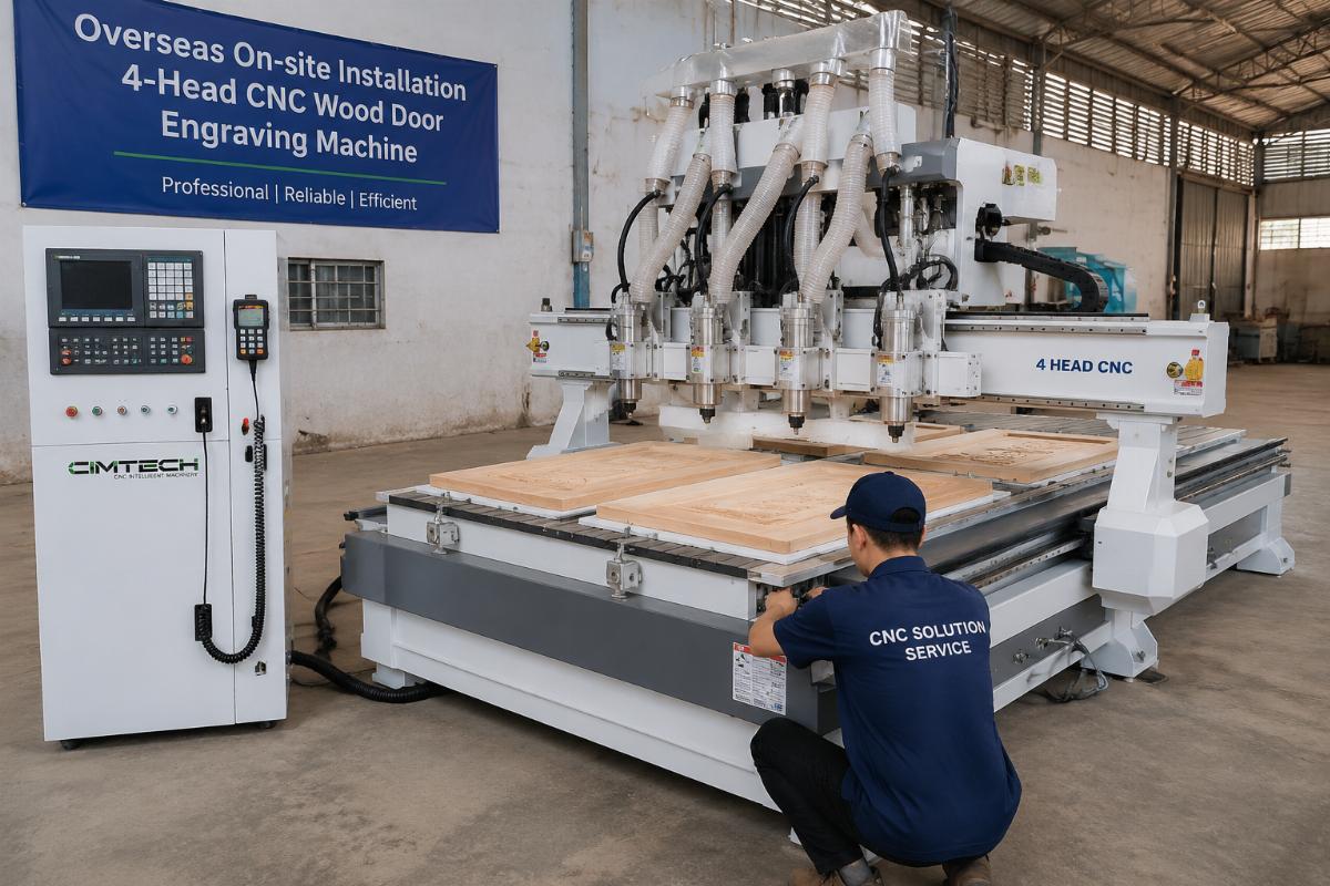 Engineer completing on-site installation of a 4-head CNC wood door engraving machine