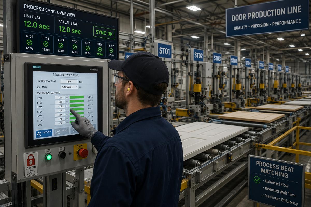 process beat matching for door production line Technician adjusting process cycle sync for automated door production stations