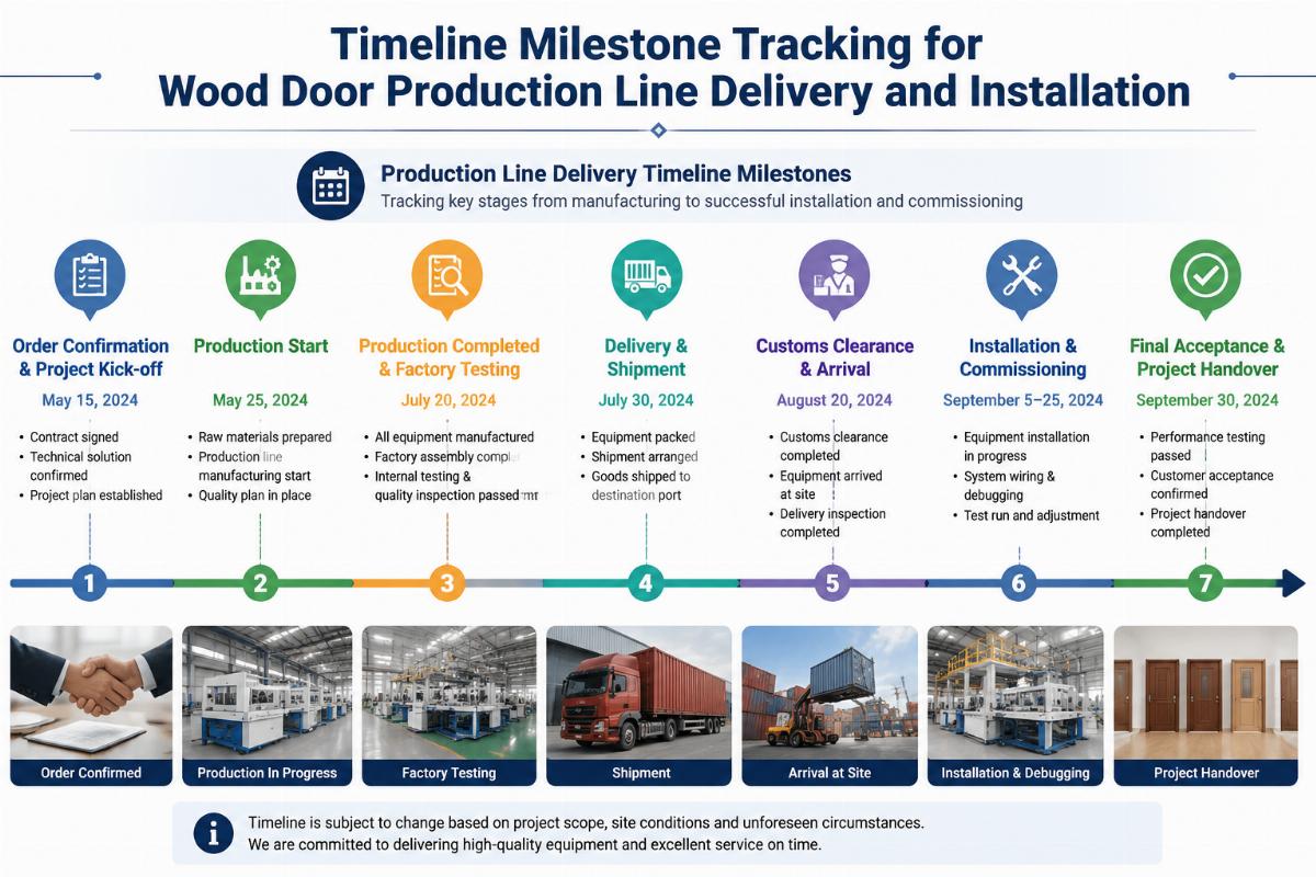 Production line delivery timeline milestones Timeline milestone tracking for wood door production line delivery and installation