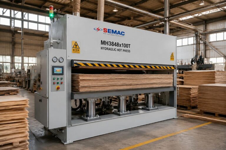 A certified hydraulic hot press for veneer lamination running in a mid-sized woodworking factory
