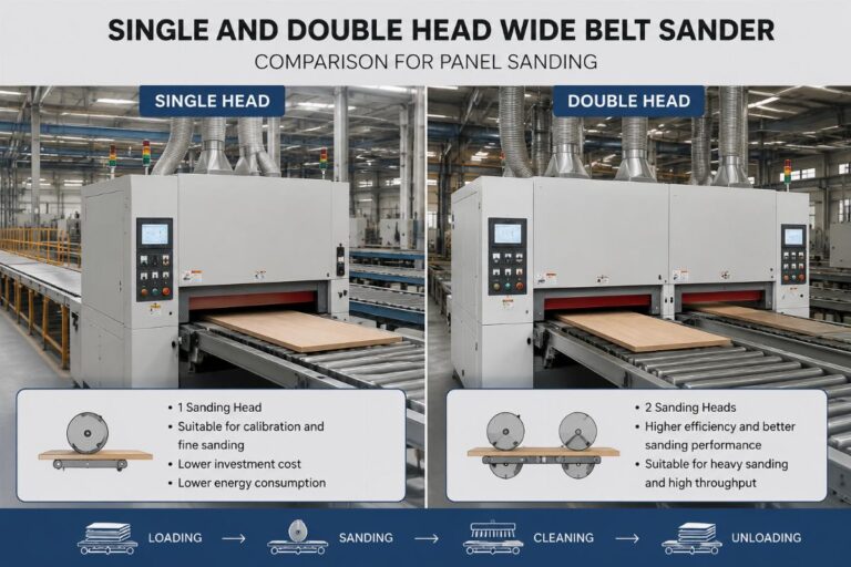 Two sets of wide belt sanders (single head and double head) running on a panel furniture production line