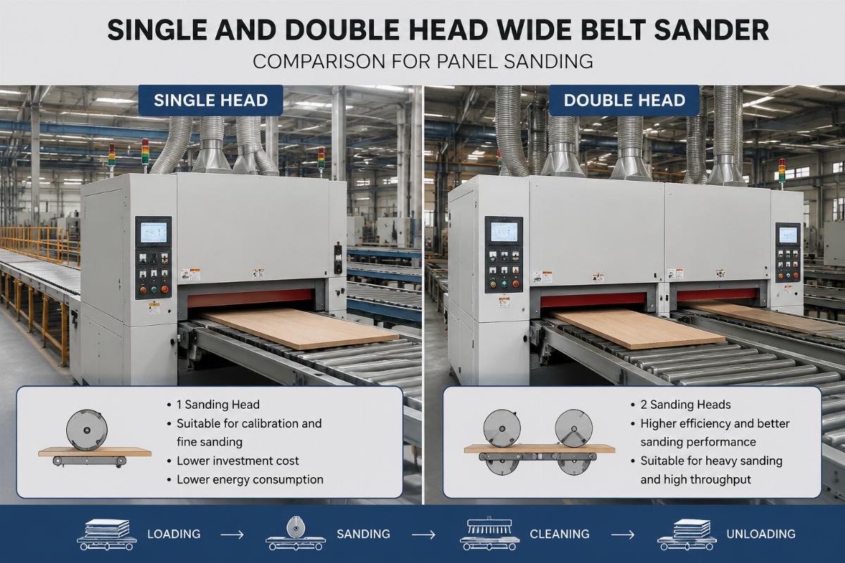 Single and double head wide belt sander comparison for panel sanding Two sets of wide belt sanders (single head and double head) running on a panel furniture production line