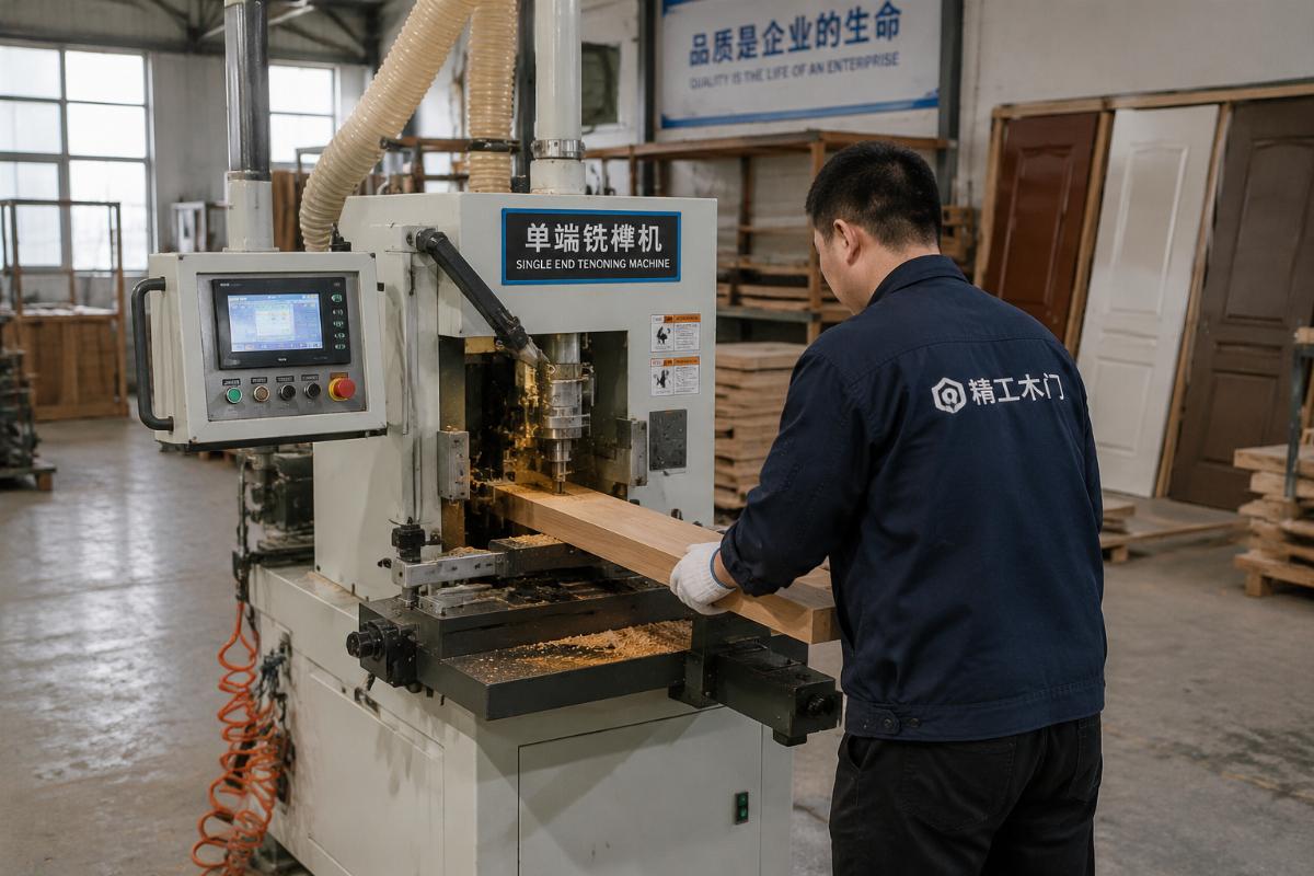 single end tenoning machine in active production A worker operating a single end tenoning machine in a small to mid-sized door workshop