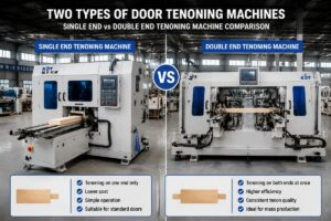 Two types of door tenoning machines placed side by side in a factory workshop