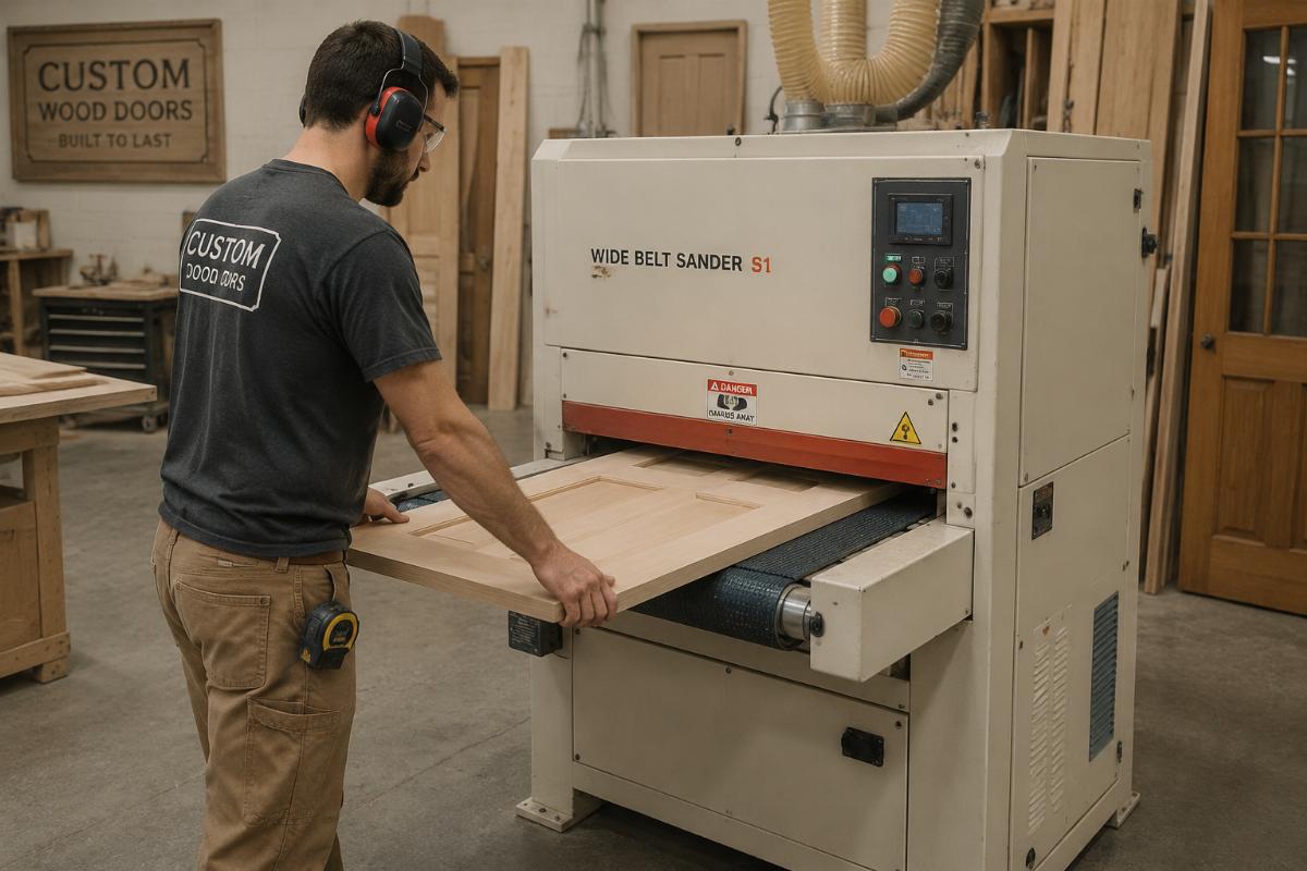 Single head wide belt sander for small custom production Workers operating a single head wide belt sander in a small custom wood door workshop